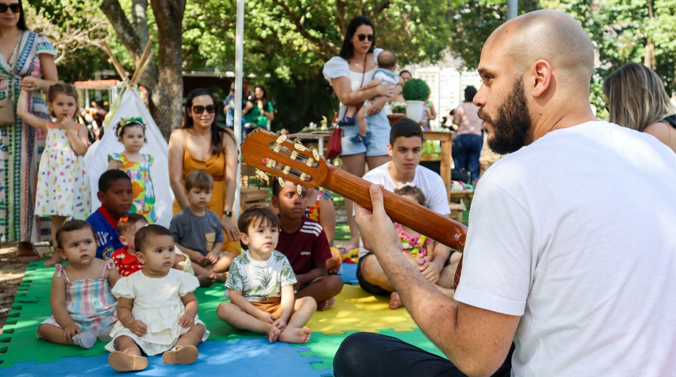 Gabriel tocando violão ao ar livre para crianças e famílias sentadas em um tapete colorido