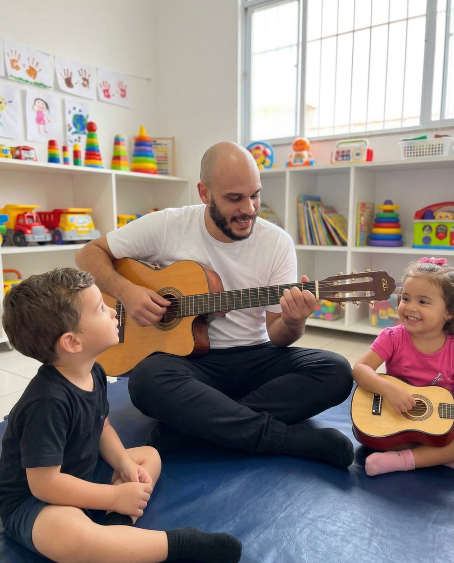 Gabriel sentado no chão da sala tocando violão com duas crianças participando ao seu lado
