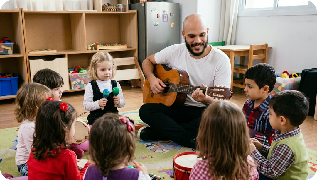 Educador tocando violão sentado e cercado por crianças dentro da sala